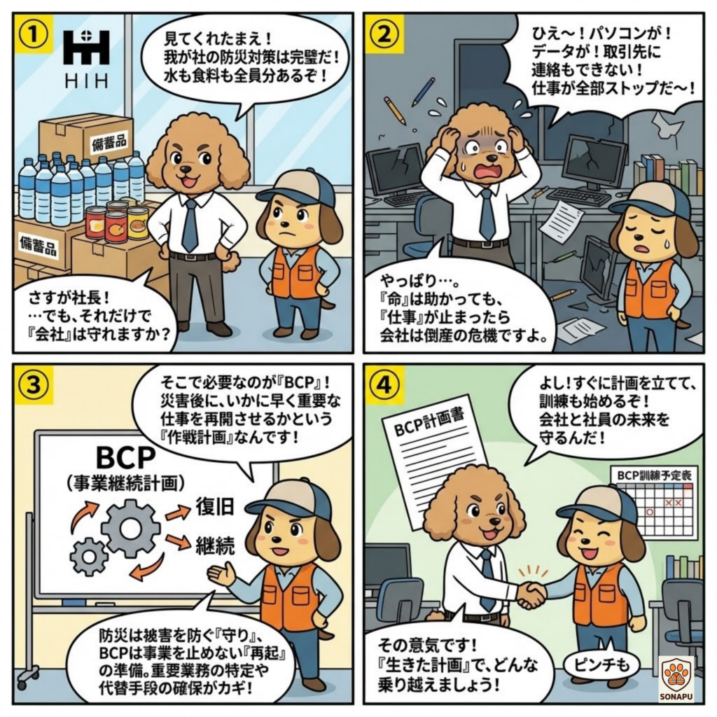そなぷーが会社の防災対策とBCP(事業継続計画)の重要性を説明する4コマ漫画。備蓄品だけでは会社を守れず、災害で業務停止すると取引や復旧に支障が出ることを描き、計画と訓練の必要性を啓発している。