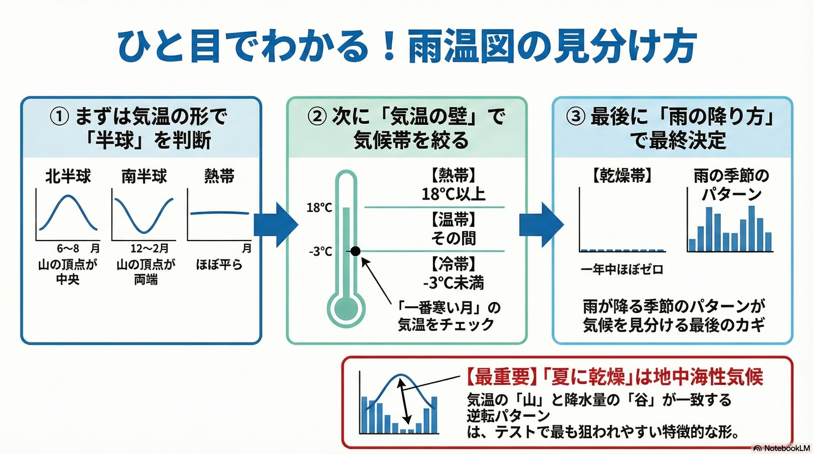 雨温図の見分け方を図解|気温と降水量から気候帯(熱帯・温帯・冷帯・乾燥帯)を判別する3つのステップ