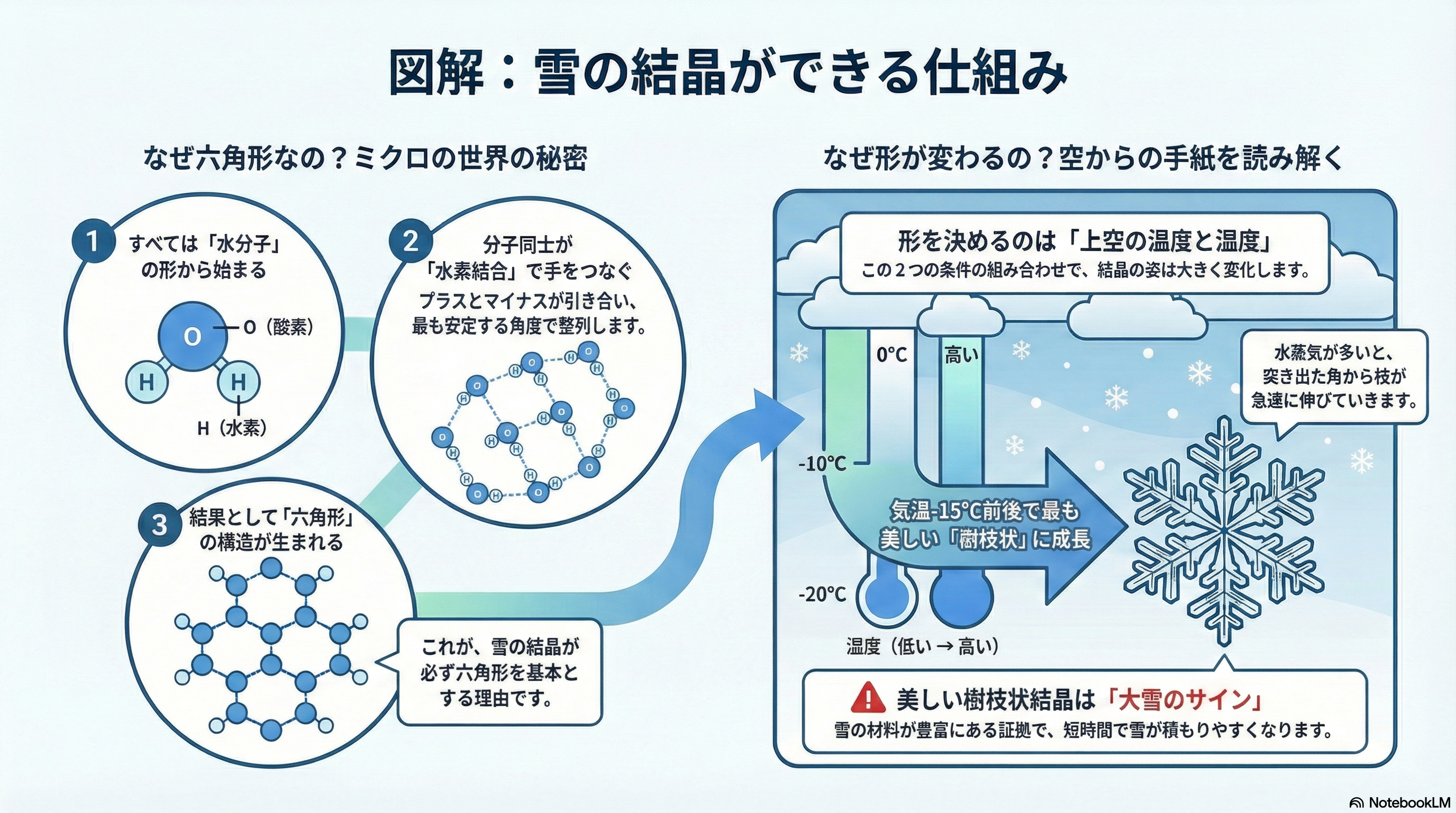 雪の結晶ができる仕組みを分子構造と温度湿度の条件で解説した図解（六角形の理由や樹枝状結晶ができる気象状態）