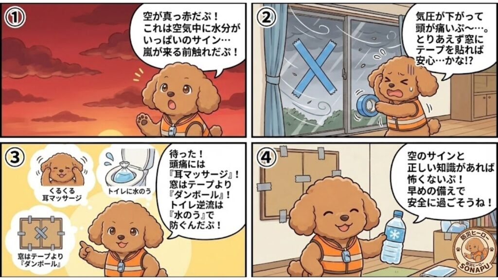 台風前の空の異変や気圧変化の注意点をそなぷーが4コマで解説。赤い夕空・窓の養生・耳マッサージ・逆流防止の水のうなど正しい防災知識を伝える漫画