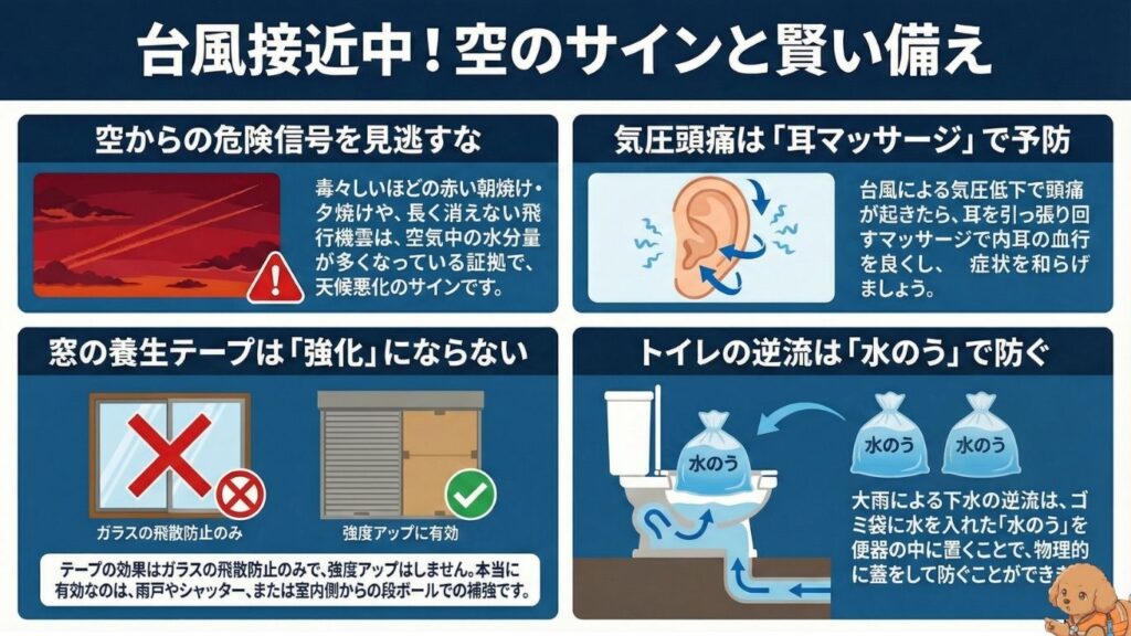 台風接近中の空のサインと備えをまとめた防災インフォグラフィック。赤い朝焼けや飛行機雲、気圧頭痛の耳マッサージ、窓の養生テープは強度アップにならない点、トイレ逆流を水のうで防ぐ方法を解説。そなぷー付き。