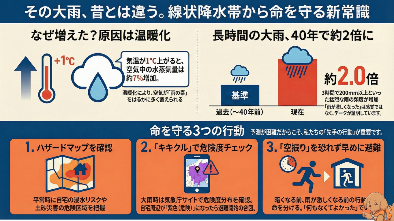 線状降水帯による大雨の増加メカニズムと命を守る3つの行動をまとめた防災図解。温暖化で水蒸気量が増え、40年で大雨が約2倍になったデータ、ハザードマップ確認・キキクルの危険度チェック・空振りを恐れず早めの避難を示す。右下に防災士そなぷー(HIH)が添えられた図