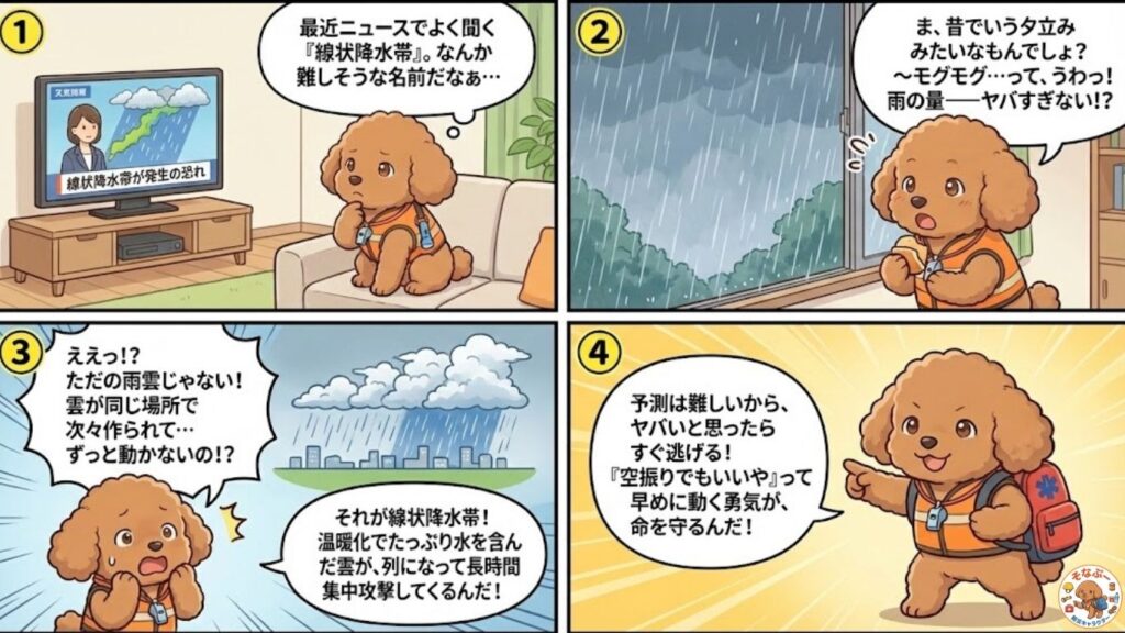 そなぷーが線状降水帯の仕組みと危険性を4コマで解説する漫画。停滞する雨雲が長時間豪雨をもたらす様子と、早めの避難の大切さを防災士視点で説明(HIH)