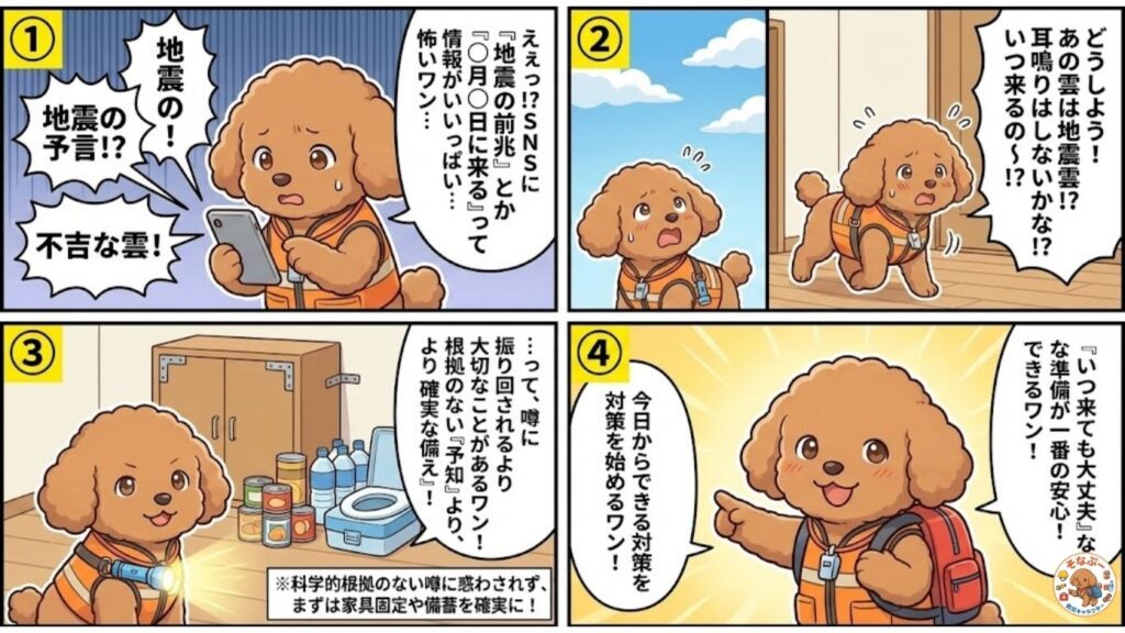 そなぷーがSNSの地震予言や不吉な雲に不安を感じつつも、噂に振り回されず家具固定や備蓄など確実な地震対策をすすめる大切さを伝える4コマ防災漫画|防災士そなぷー監修(HIH)