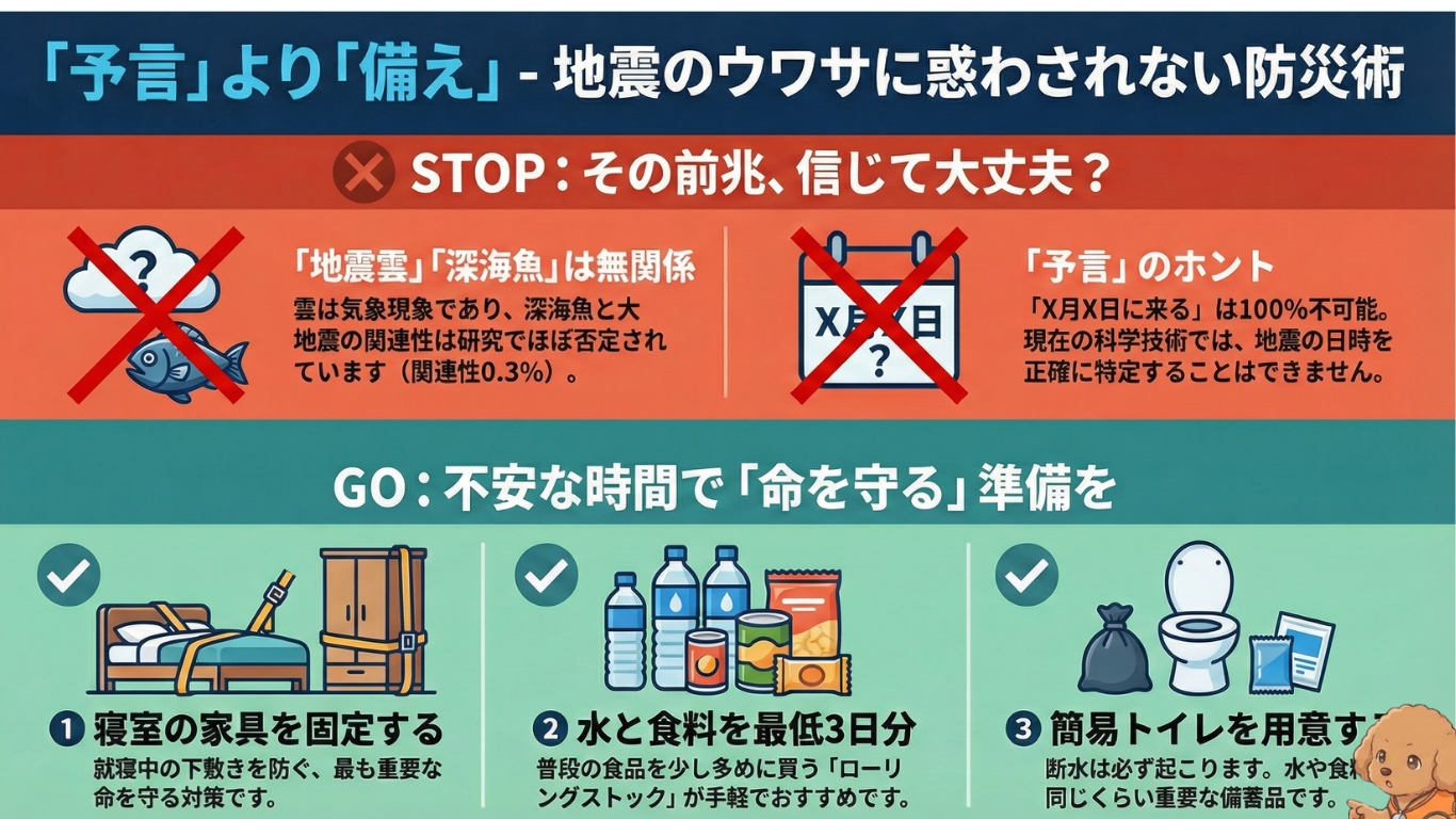 地震の予兆の噂を信じず備える重要性を解説するインフォグラフィック。地震雲や深海魚は無関係と説明し、予言は科学的に不可能と指摘。家具固定・3日分の水と食料・簡易トイレの準備など命を守る対策を示した図