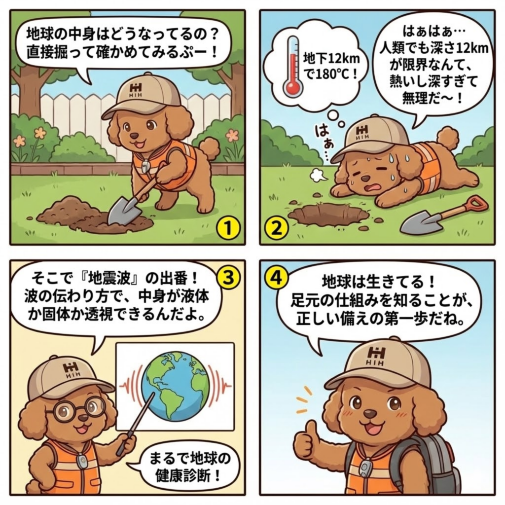 alt="地球の内部構造はどうやって分かる?掘削の限界と地震波で地球の中身を調べる仕組みを犬のキャラクターが4コマ漫画で解説"