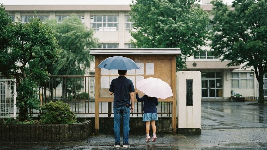 雨の中、学校前の掲示板を見る親子の後ろ姿を写した実写風画像。暴風警報や計画運休など休校判断のイメージ。