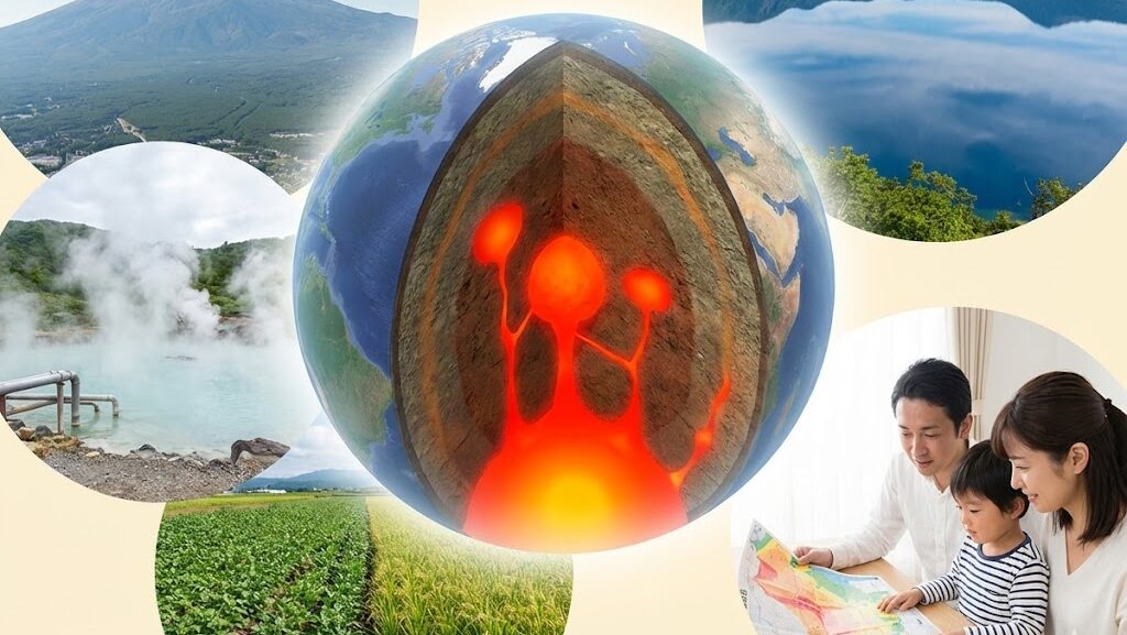 火山の断面図イメージと火山地形・温泉・農地・防災シーンをまとめた実写風コラージュ画像