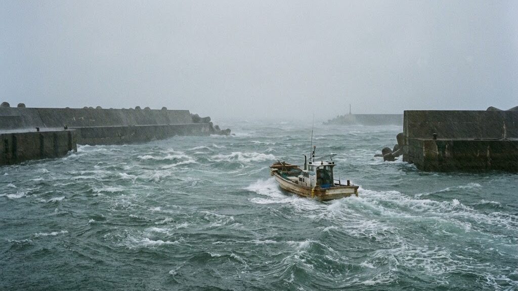 港の出口付近で津波の流れが複雑になり、船の操縦が難しくなる様子
