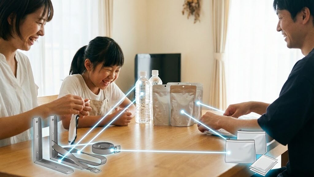 家具の固定器具や水のストック、簡易トイレなどの備えを整える手元。家庭でできる防災準備の具体例