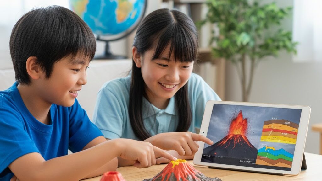 小学生がタブレットや模型を使って火山と土地の変化を学ぶ実写風の学習シーン