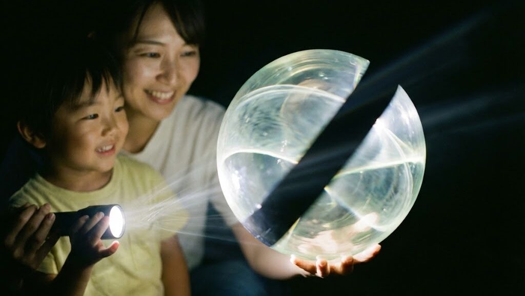 光が球体内部で遮られ、地震波が届かないシャドーゾーンをイメージして観察している様子