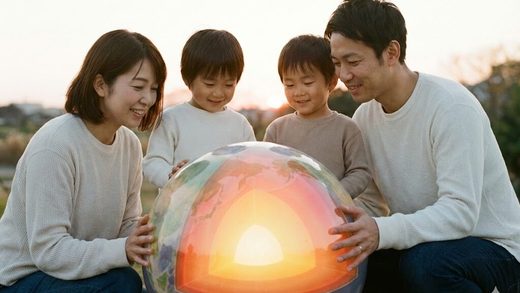 地球模型を囲み、地震波・掘削・岩石分析によって内部構造がわかることを実感する家族