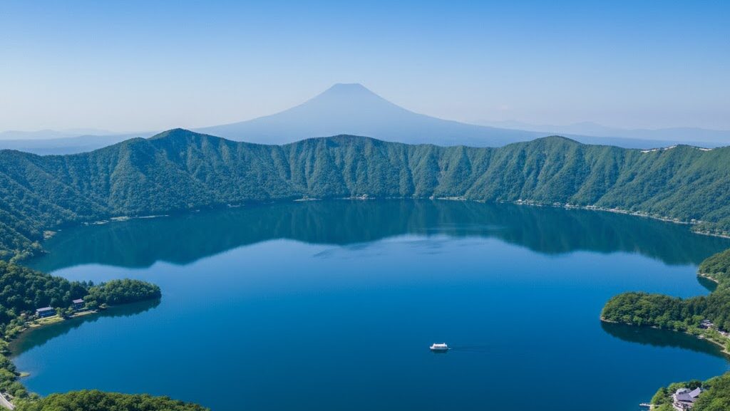 外輪山に囲まれた大きなカルデラ湖を上空から見た実写風の風景画像