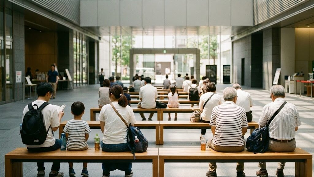 地震による交通停止時に安全な場所で待機する人々の様子