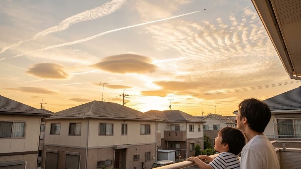 夕方の空に現れた飛行機雲やレンズ雲を見上げる親子。珍しい雲を科学的に観察するシーン