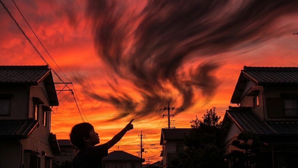 夕暮れの空が赤く染まり、嵐の前兆を示す光景。日本の住宅街で子どもが空を見上げる様子を写した実写風イメージ。