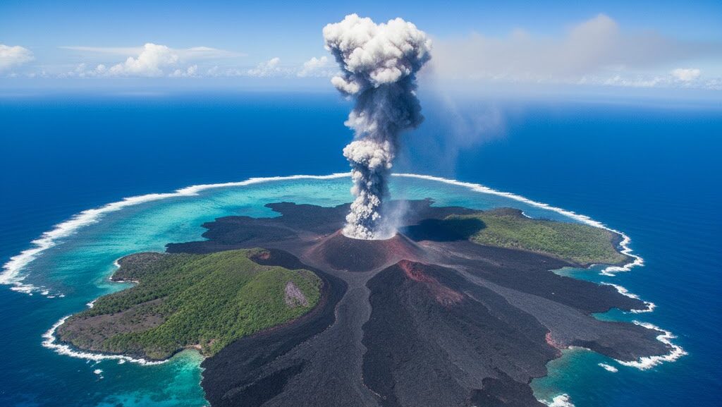 噴煙を上げる火山島と溶岩で広がる新たな陸地を俯瞰した実写風の火山島イメージ