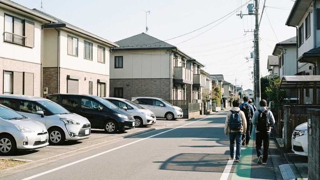 地震後に徒歩で落ち着いて移動する様子を示す住宅街の道路