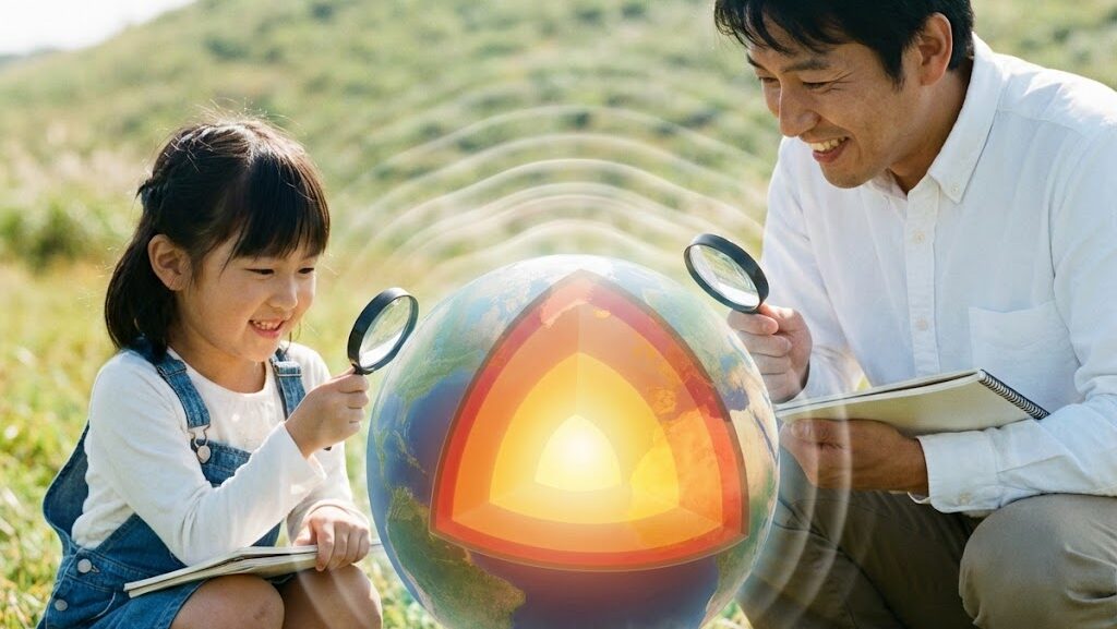 地球内部をイメージした球体模型を親子で観察し、見えない地震波の広がりを感じている様子