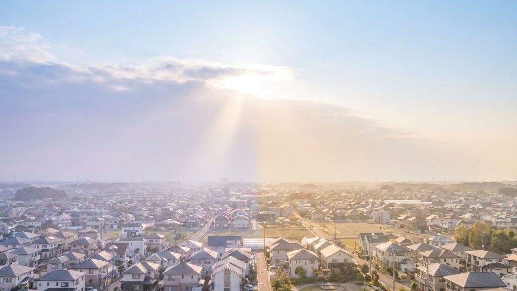 青空の下で街並みを見下ろした穏やかな風景。地震の噂と真実をイメージで表現した抽象的な空の変化