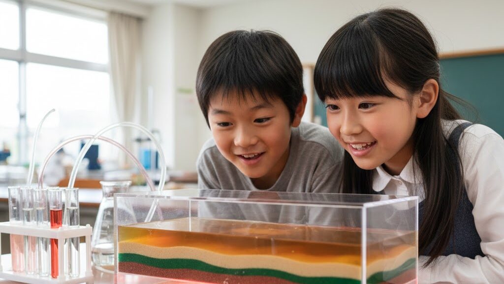 透明容器の地層モデルにマグマ役の液体が入り込む様子を観察する子どもの実写風写真