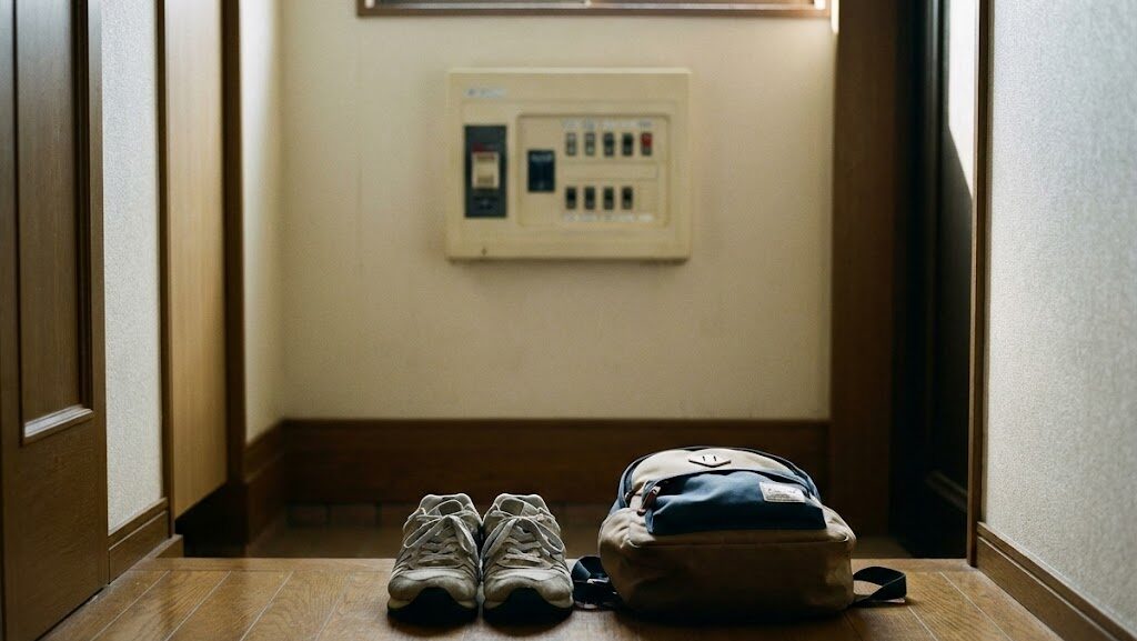 避難前の住宅玄関と電気設備への配慮を連想させる室内風景