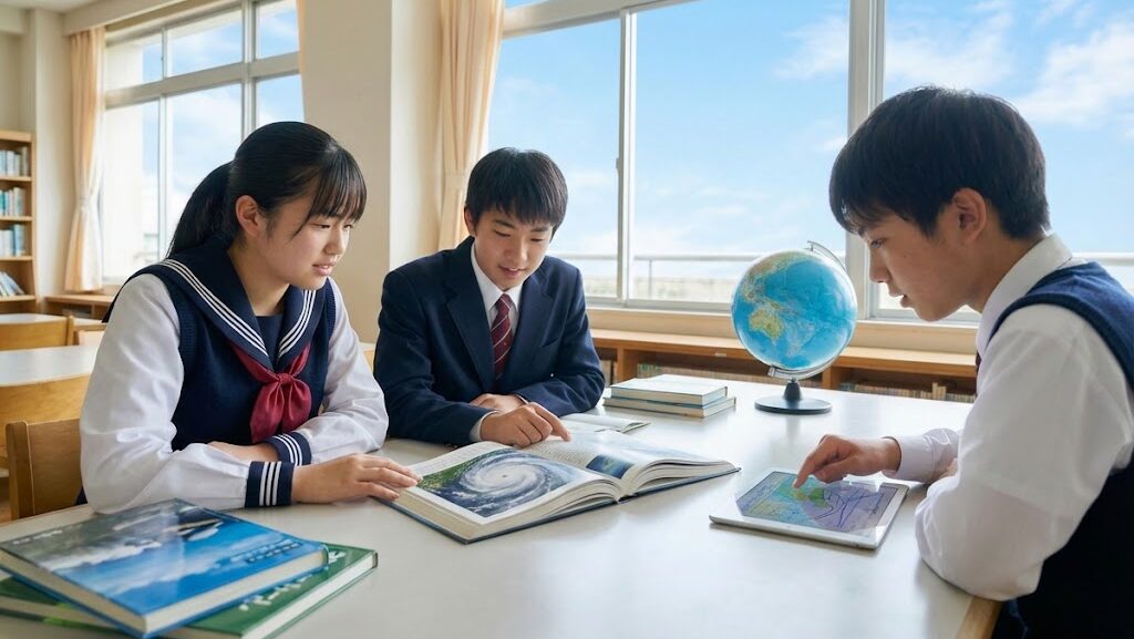 台風の目について話している中学生