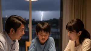家族が雷について考えている様子