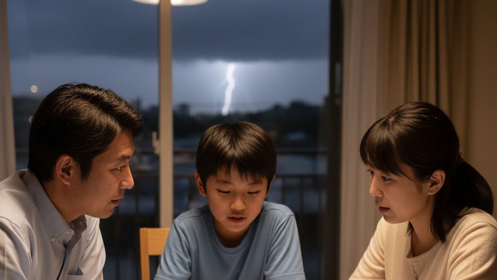 家族が雷について考えている様子