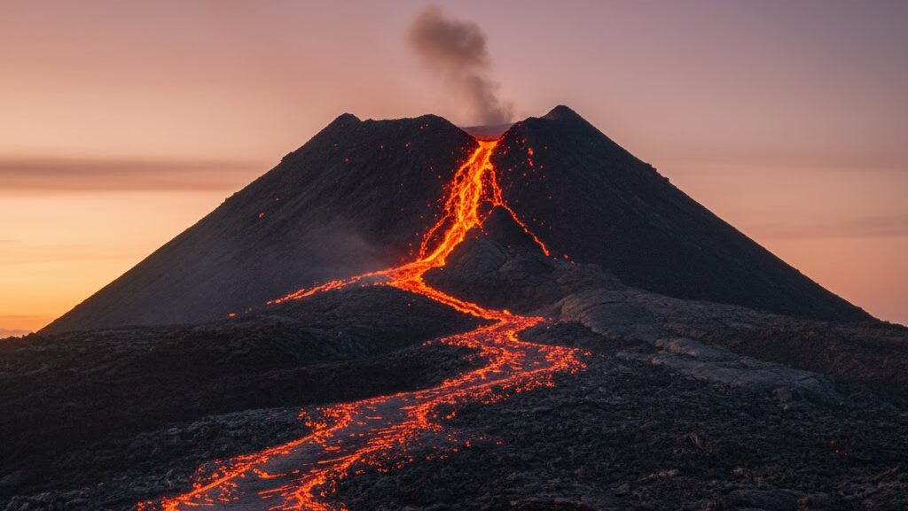 火山の噴火口から赤い溶岩が流れ出す様子を表現した実写風のイメージ画像