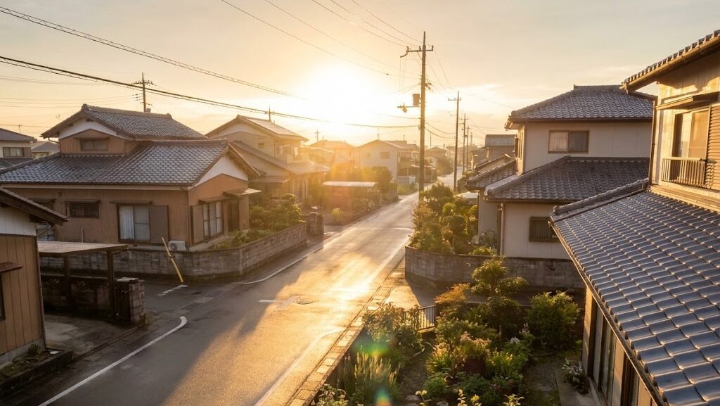 台風が過ぎ去った後、穏やかな光が街に差し込み静けさが戻った風景