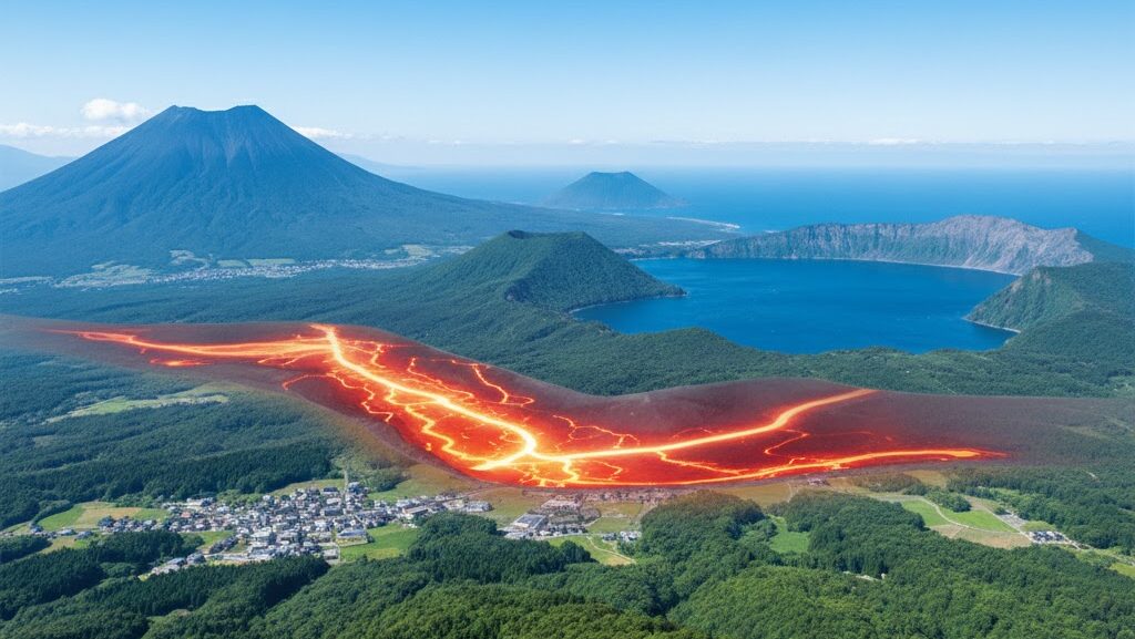 火山活動で変化する大地のイメージ。火山の山並み、海岸線、カルデラ湖、地下のマグマを重ねた実写風景画像