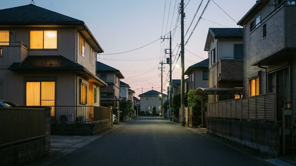 地震後の静かな住宅街と二次災害への注意を連想させる風景
