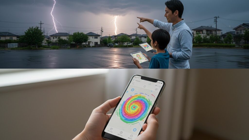 雷の位置の調べ方を理解し空を見上げる人のイメージ写真