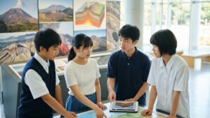 火山について勉強する学生