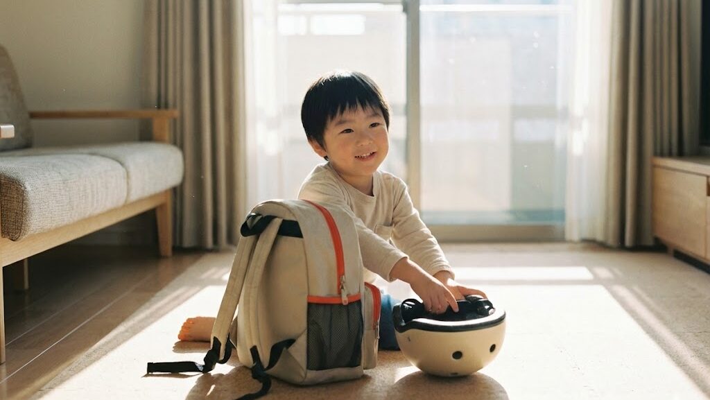 子どもが笑顔で防災リュックやヘルメットに触れている様子は、防災を「怖いこと」ではなく、「自分や家族を守るための前向きな準備」