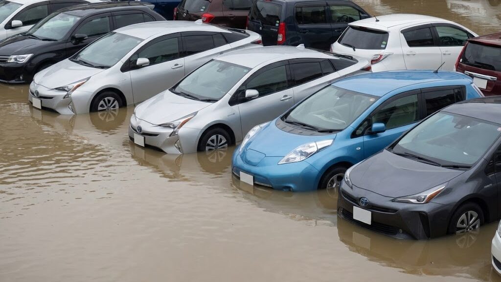 台風による冠水で水に浸かった車が駐車場に止まっている様子