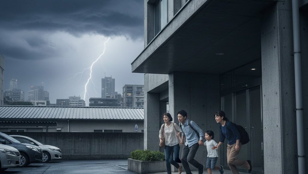 雷雨時に安全な建物へ避難して身を守るイメージ写真