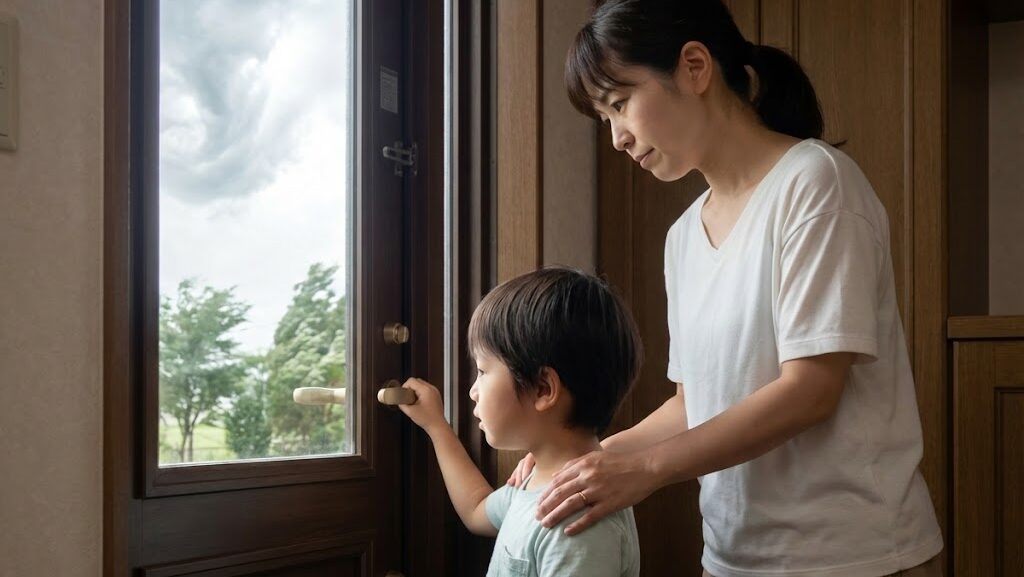 台風の目で雨が止んでも屋外に出ず、家の中で安全を優先している住宅の様子