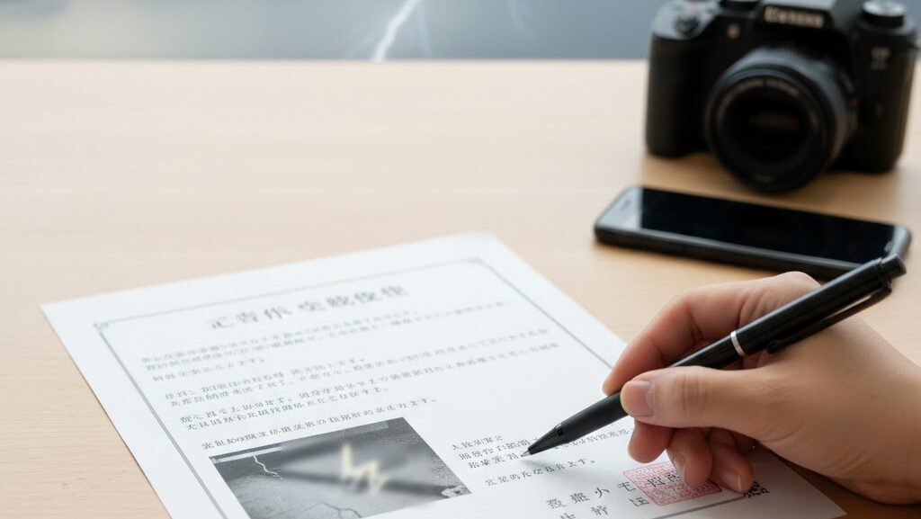 落雷被害の書類を確認して火災保険の申請を検討するイメージ