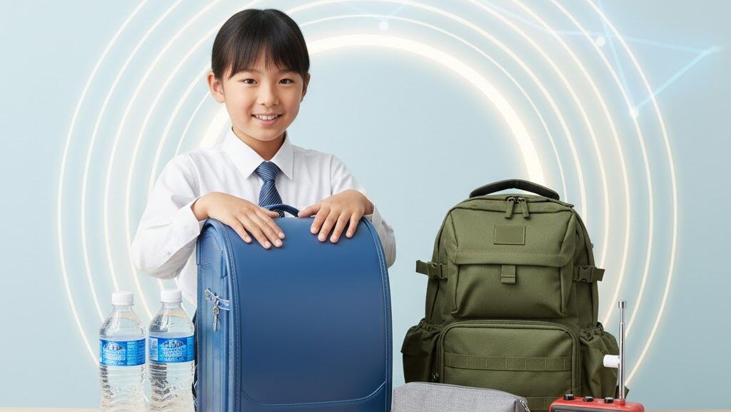 ランドセル、防災ポーチ、防災リュックのアイテムをテーブルに並べ、備えを見直す小学生の手元を写した実写風イメージ。
