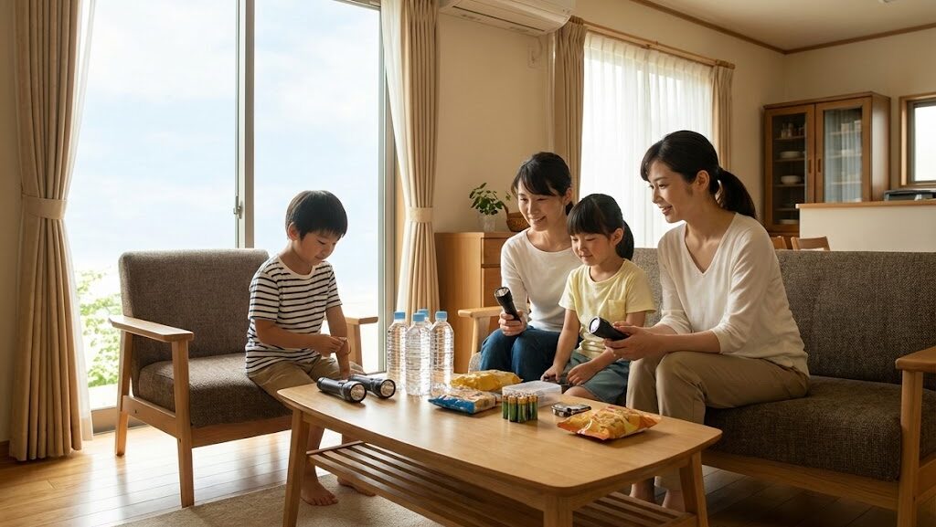 台風の目で一時的に静かになった時間に、室内で備えを整えている家族の様子