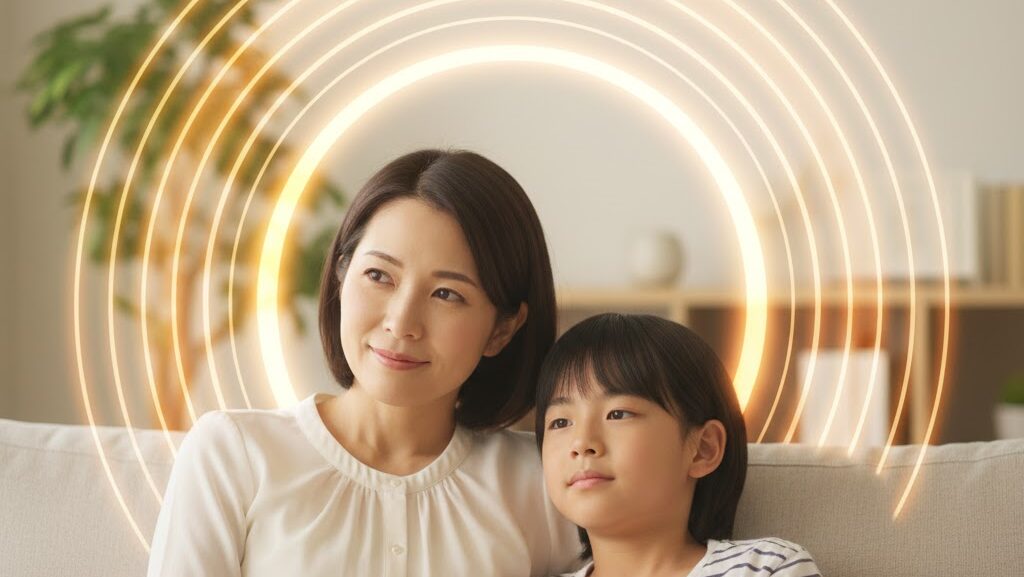 地震後の不安を抱える子どもに親が寄り添い、心をケアしている実写風シーン。