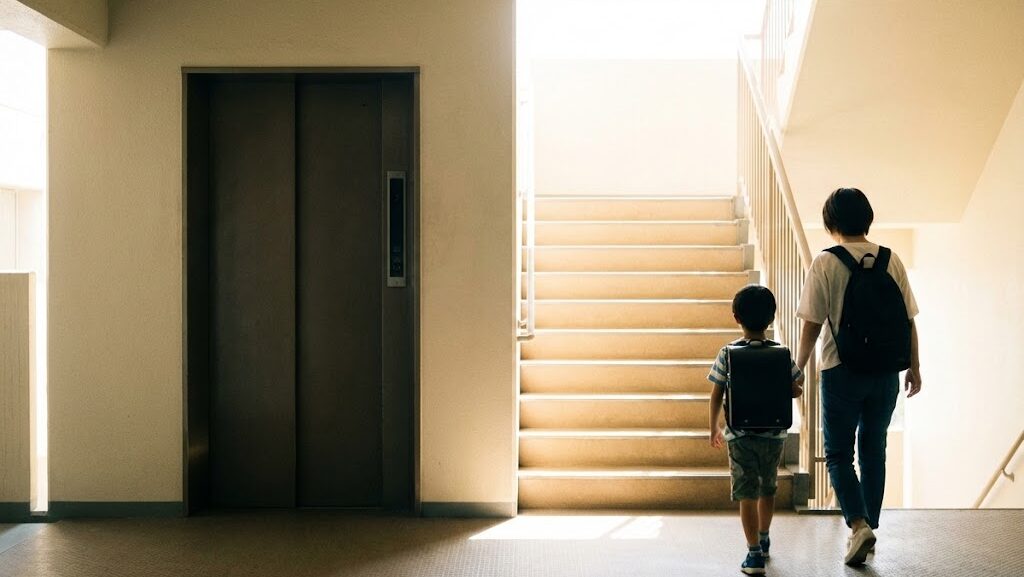 地震時に階段での移動を連想させるマンション共用部の風景