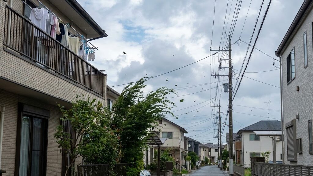 台風の目の通過後、風向きが変わり街路樹や物が逆方向に揺れ始めている様子