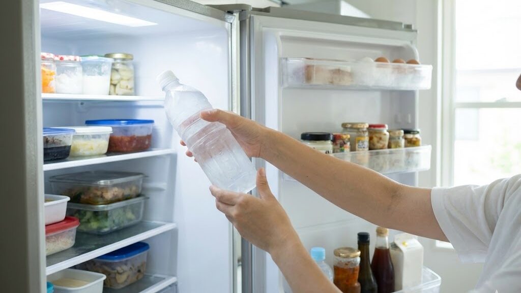 冷蔵庫の上段に凍らせた無地ペットボトルを置く手元の実写風イメージ。停電時の保冷対策として氷を使う方法を示す。