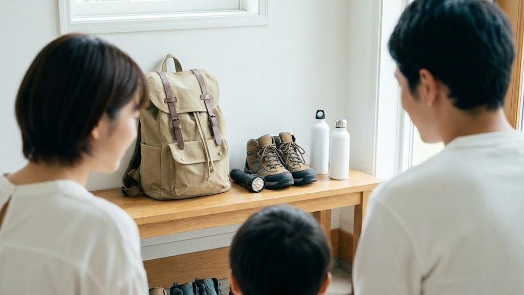 玄関に整えられた防災リュックや靴。南海トラフ地震臨時情報に備え、すぐ避難できる準備のイメージ