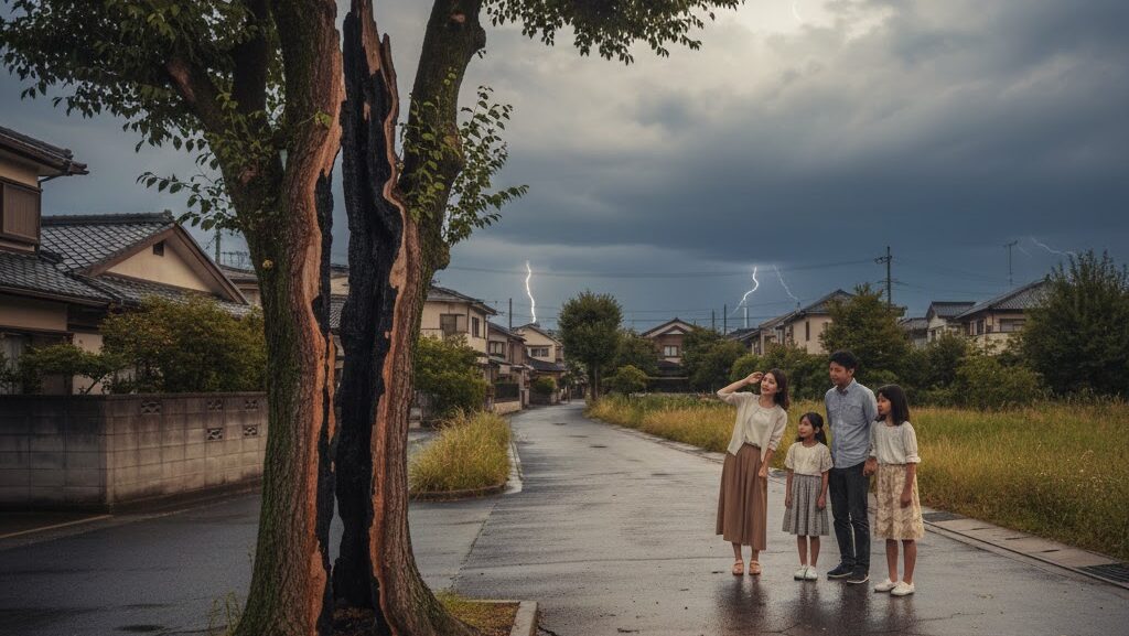 雨上がりの庭で落雷の痕跡を確認しているイメージ写真