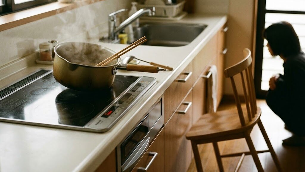 地震時のキッチンで起こりうる危険を示す家庭内の調理スペース